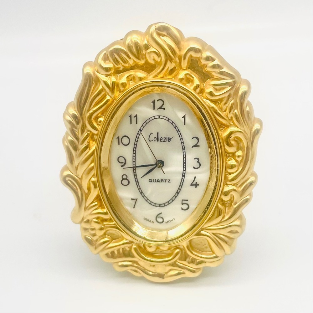 Collezio Miniature Desk Clock Gold Tone Ornate Oval Quartz 2.5" Untested